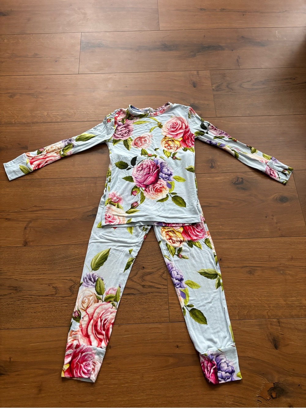 Posh Peanut Light Blue Floral Rose Pajama Set with Pink and Purple Blooms